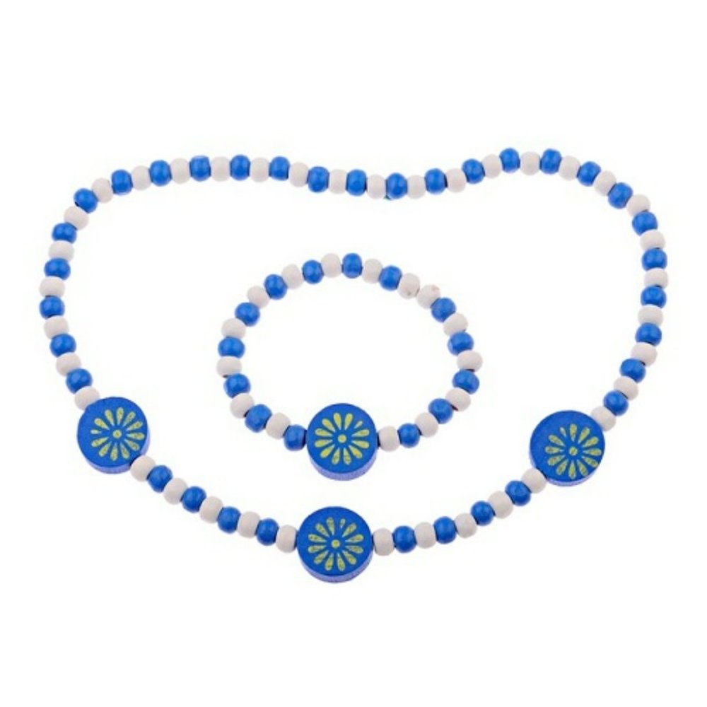 Wooden Beaded Handmade Blue Circles Necklace & Bracelet Set